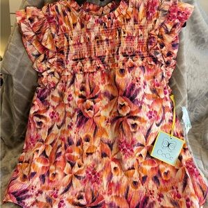 CeCe Kids' Vibrant Pink and Orange Floral Blouse